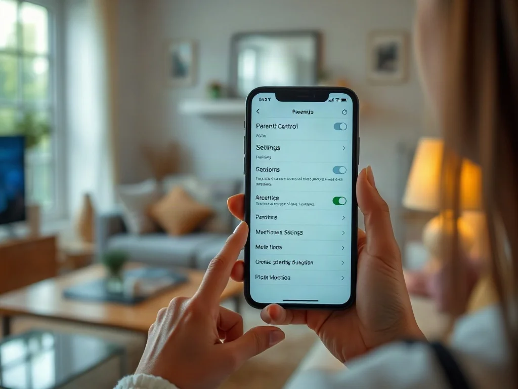 Kobieta trzymająca smartfon z otwartym menu ustawień kontroli rodzicielskiej w przytulnym salonie.