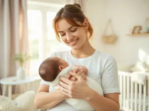 Niemowlę leżące na brzuszku na jasnym kocyku, z wysiłkiem i skupieniem unoszące główkę w przytulnym pokoju.