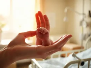 Uśmiechnięte dziecko siedzące na podłodze w przytulnym pokoju, obok którego widoczna jest rozmyta miarka wzrostu.