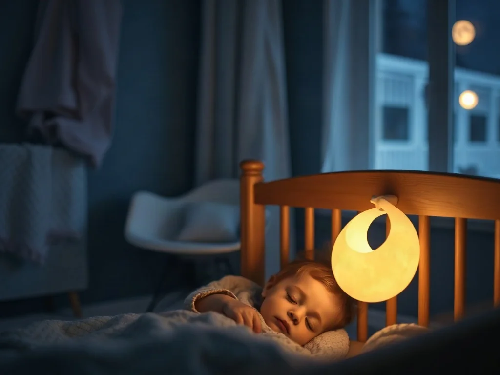 Spokojne dziecko śpiące w łóżeczku przy delikatnym świetle lampki nocnej w przytulnym pokoju.