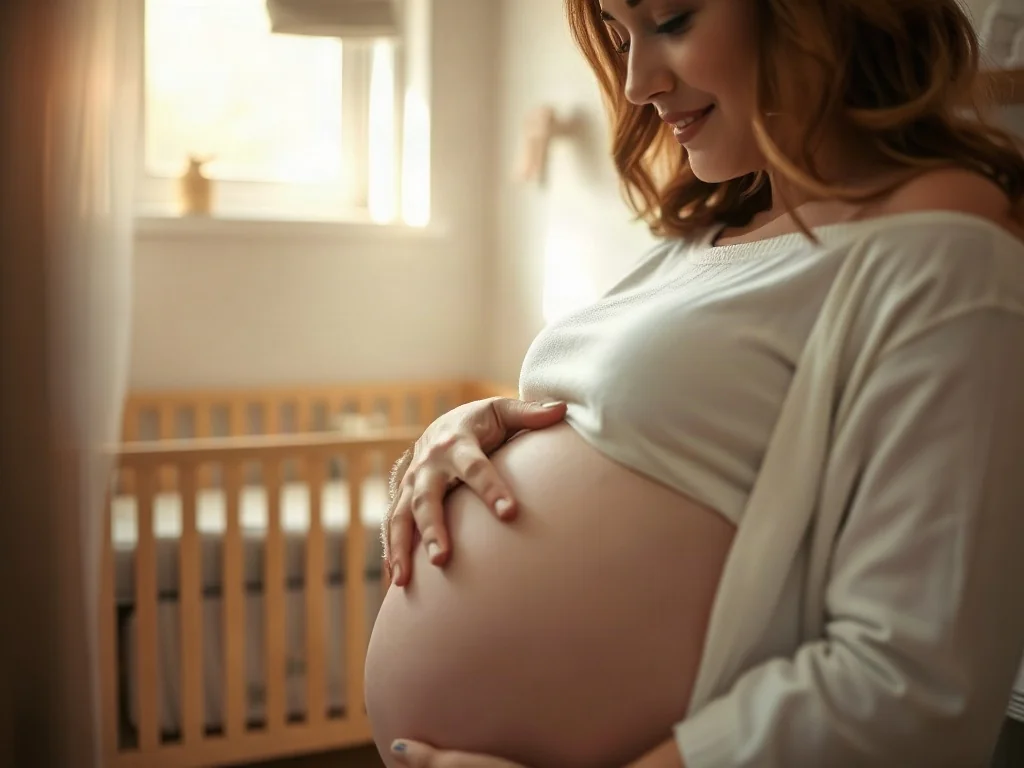 Uśmiechnięta kobieta w zaawansowanej ciąży czule obejmuje swój brzuch w przytulnym pokoju dziecięcym.