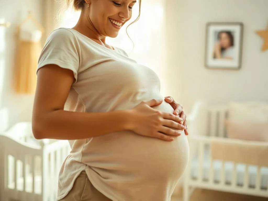 Szczęśliwa kobieta w ciąży czule obejmująca swój brzuch w przytulnym, słonecznym pokoju dziecięcym.
