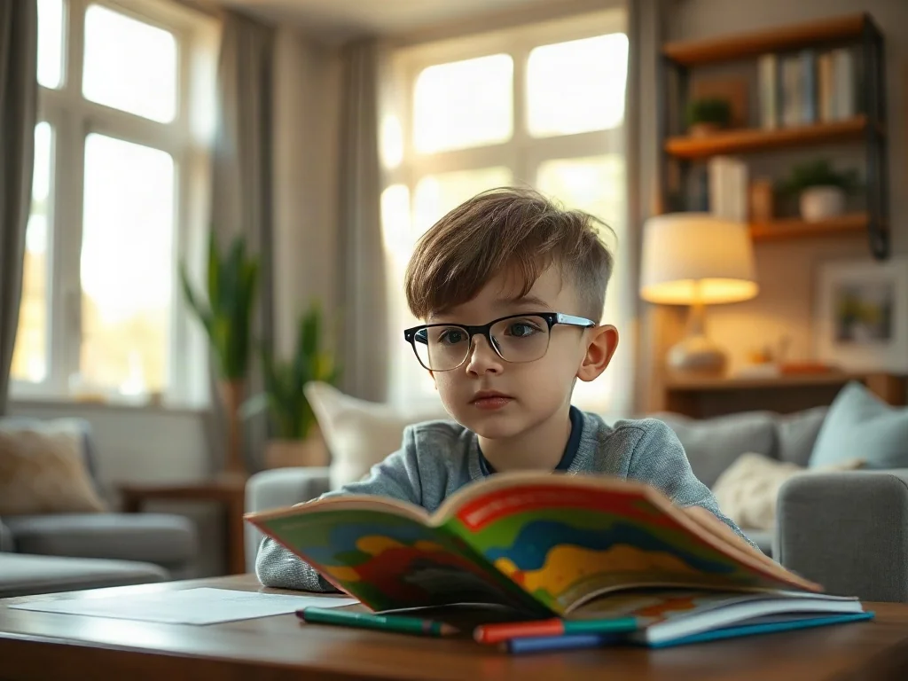 Dziecko w okularach korekcyjnych z uwagą czyta kolorową książkę przy drewnianym biurku.