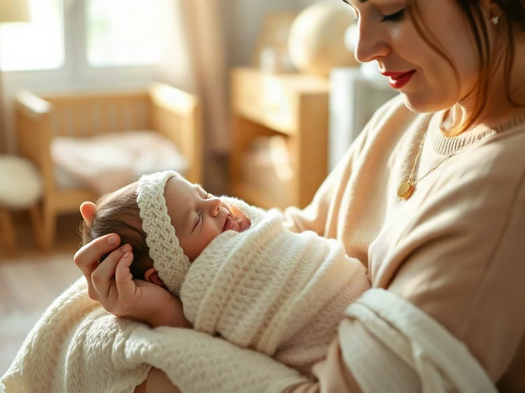 Kobieta delikatnie otula noworodka w miękki rożek, zapewniając mu poczucie bezpieczeństwa i komfortu.