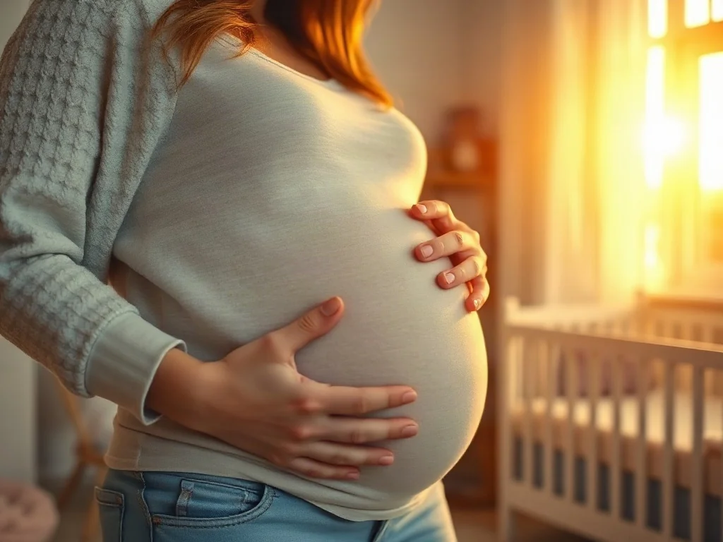 Ciężarna kobieta trzymająca dłonie na brzuchu w przytulnym pokoju dziecięcym, symbolizująca więź z nienarodzonym dzieckiem.